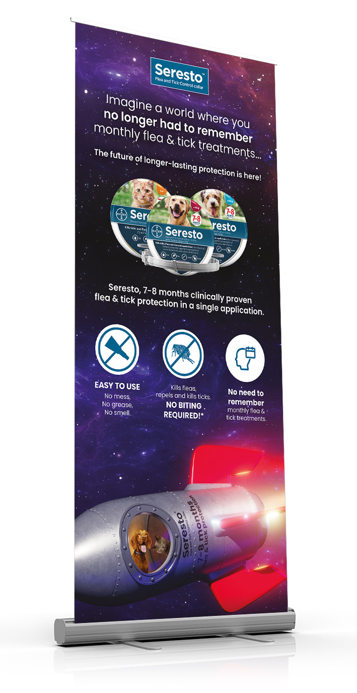 Seresto out of this world protection campaign roll-up banner mockup